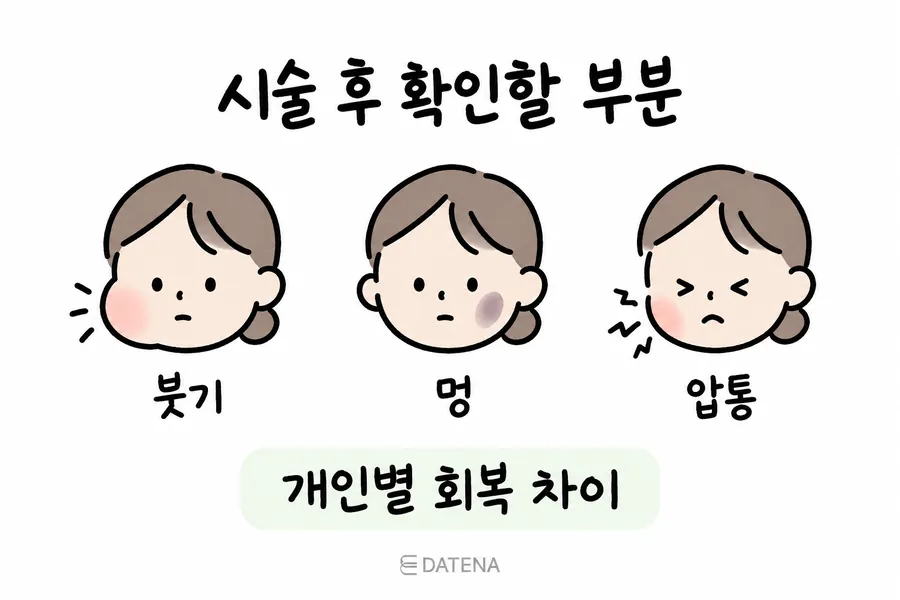 以臉部圖示說明皮下分離術後需留意的腫脹、瘀青與壓痛